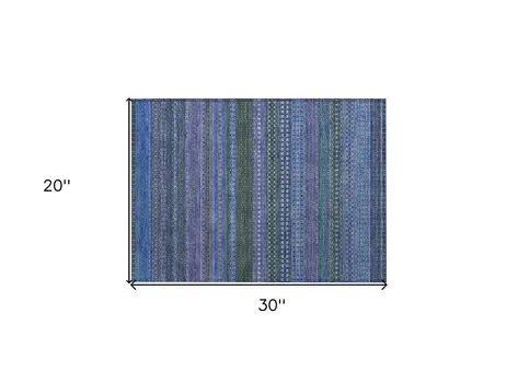 2' X 3' Blue and Green Striped Washable Non Skid Indoor Outdoor Area Rug