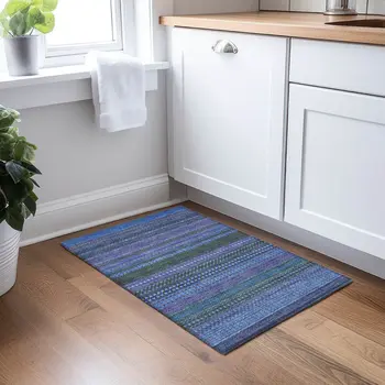 2' X 3' Blue and Green Striped Washable Non Skid Indoor Outdoor Area Rug