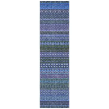 2' X 8' Blue and Green Striped Washable Indoor Outdoor Runner Rug