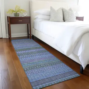 2' X 8' Blue and Green Striped Washable Indoor Outdoor Runner Rug