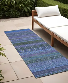 2' X 8' Blue and Green Striped Washable Indoor Outdoor Runner Rug
