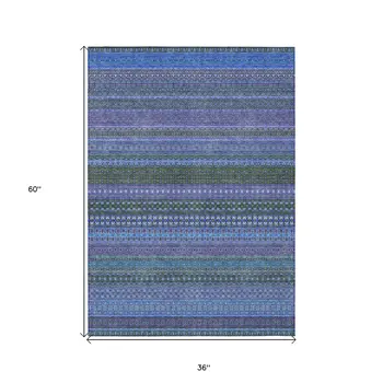 3' X 5' Blue and Green Striped Washable Non Skid Indoor Outdoor Area Rug