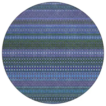 8' Round Blue and Green Round Striped Washable Non Skid Indoor Outdoor Area Rug