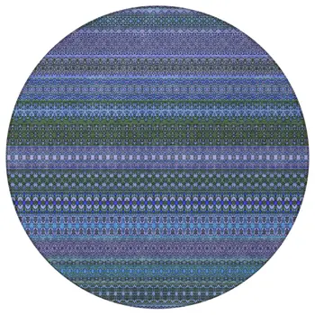 8' Round Blue and Green Round Striped Washable Non Skid Indoor Outdoor Area Rug