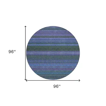 8' Round Blue and Green Round Striped Washable Non Skid Indoor Outdoor Area Rug