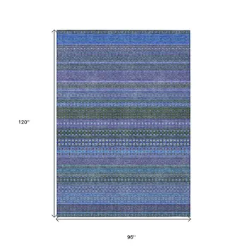 8' X 10' Blue and Green Striped Washable Non Skid Indoor Outdoor Area Rug