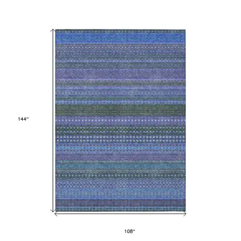 9' X 12' Blue and Green Striped Washable Non Skid Indoor Outdoor Area Rug