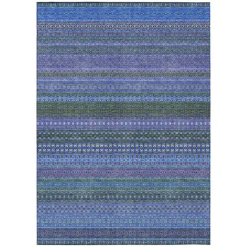 9' X 12' Blue and Green Striped Washable Non Skid Indoor Outdoor Area Rug
