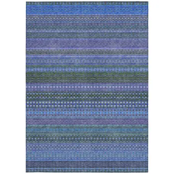 9' X 12' Blue and Green Striped Washable Non Skid Indoor Outdoor Area Rug