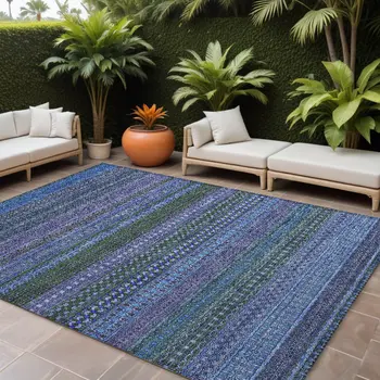 10' X 14' Blue and Green Striped Washable Non Skid Indoor Outdoor Area Rug