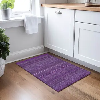 2' X 3' Eggplant Striped Washable Non Skid Indoor Outdoor Area Rug
