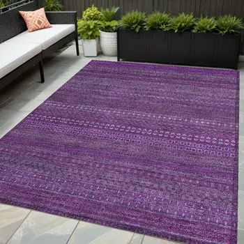 5' X 8' Eggplant Striped Washable Non Skid Indoor Outdoor Area Rug