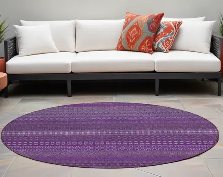 8' Round Eggplant Round Striped Washable Non Skid Indoor Outdoor Area Rug