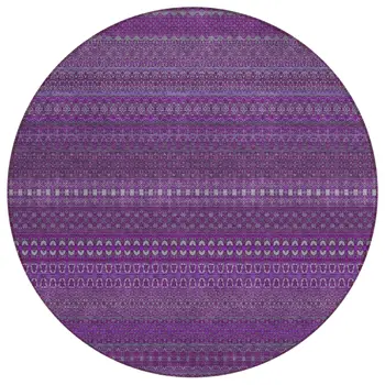8' Round Eggplant Round Striped Washable Non Skid Indoor Outdoor Area Rug