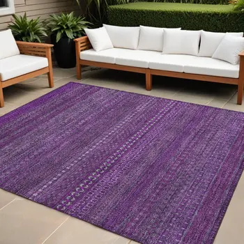 10' X 14' Eggplant Striped Washable Non Skid Indoor Outdoor Area Rug