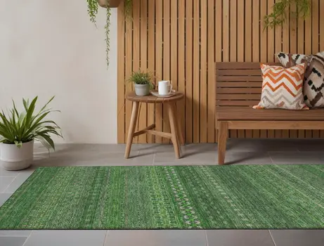 2' X 8' Fern Green Striped Washable Indoor Outdoor Runner Rug