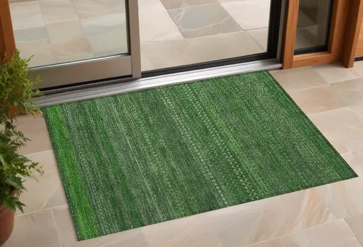 3' X 5' Fern Green Striped Washable Non Skid Indoor Outdoor Area Rug