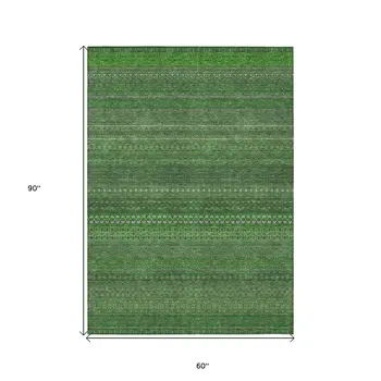 5' X 8' Fern Green Striped Washable Non Skid Indoor Outdoor Area Rug