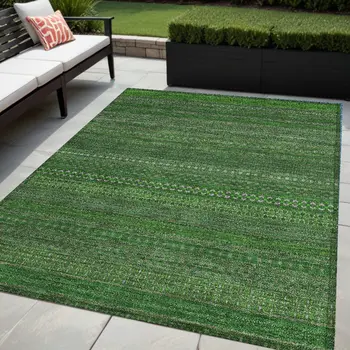 5' X 8' Fern Green Striped Washable Non Skid Indoor Outdoor Area Rug