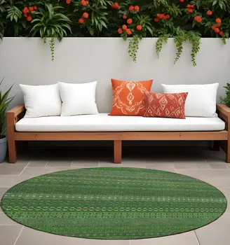 8' Round Fern Green Round Striped Washable Non Skid Indoor Outdoor Area Rug