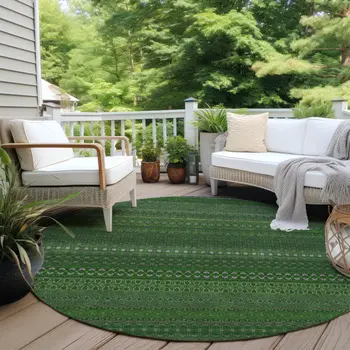 8' Round Fern Green Round Striped Washable Non Skid Indoor Outdoor Area Rug