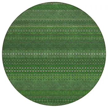 8' Round Fern Green Round Striped Washable Non Skid Indoor Outdoor Area Rug