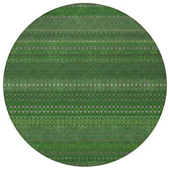 8' Round Fern Green Round Striped Washable Non Skid Indoor Outdoor Area Rug