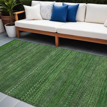 9' X 12' Fern Green Striped Washable Non Skid Indoor Outdoor Area Rug