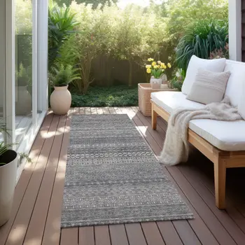 2' X 8' Gray Striped Washable Indoor Outdoor Runner Rug