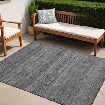 5' X 8' Gray Striped Washable Non Skid Indoor Outdoor Area Rug