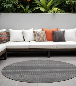 8' Round Gray Round Striped Washable Non Skid Indoor Outdoor Area Rug