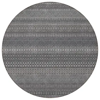 8' Round Gray Round Striped Washable Non Skid Indoor Outdoor Area Rug