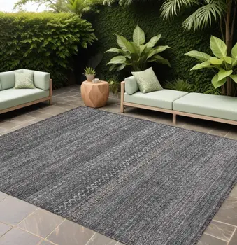 10' X 14' Gray Striped Washable Non Skid Indoor Outdoor Area Rug