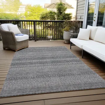 10' X 14' Gray Striped Washable Non Skid Indoor Outdoor Area Rug