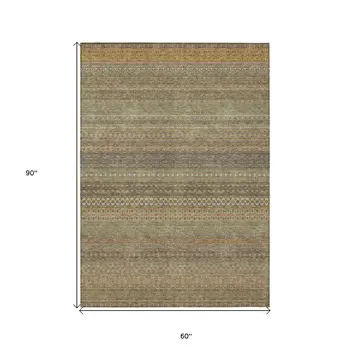 5' X 8' Khaki Striped Washable Non Skid Indoor Outdoor Area Rug
