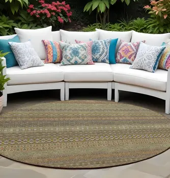 8' Round Khaki Round Striped Washable Non Skid Indoor Outdoor Area Rug