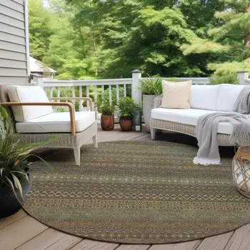 8' Round Khaki Round Striped Washable Non Skid Indoor Outdoor Area Rug