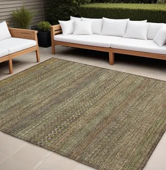 10' X 14' Khaki Striped Washable Non Skid Indoor Outdoor Area Rug