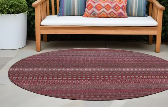 8' Round Merlot Round Striped Washable Non Skid Indoor Outdoor Area Rug