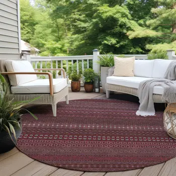8' Round Merlot Round Striped Washable Non Skid Indoor Outdoor Area Rug