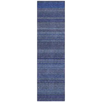 2' X 8' Navy Blue Striped Washable Indoor Outdoor Runner Rug