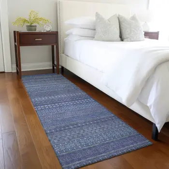 2' X 8' Navy Blue Striped Washable Indoor Outdoor Runner Rug