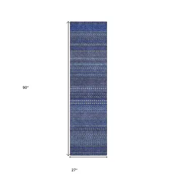 2' X 8' Navy Blue Striped Washable Indoor Outdoor Runner Rug