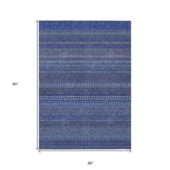 3' X 5' Navy Blue Striped Washable Non Skid Indoor Outdoor Area Rug