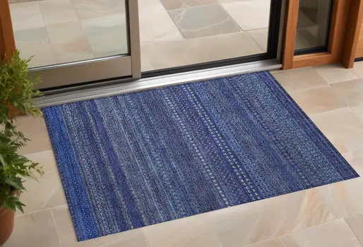 3' X 5' Navy Blue Striped Washable Non Skid Indoor Outdoor Area Rug