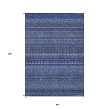 5' X 8' Navy Blue Striped Washable Non Skid Indoor Outdoor Area Rug