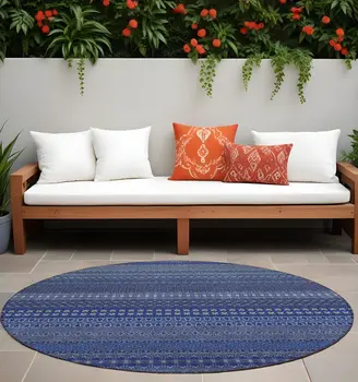 8' Round Navy Blue Round Striped Washable Non Skid Indoor Outdoor Area Rug