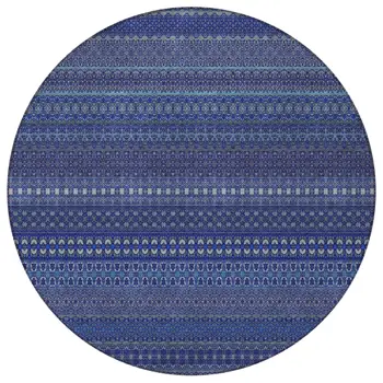 8' Round Navy Blue Round Striped Washable Non Skid Indoor Outdoor Area Rug