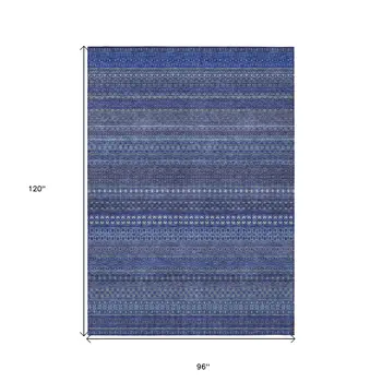 8' X 10' Navy Blue Striped Washable Non Skid Indoor Outdoor Area Rug