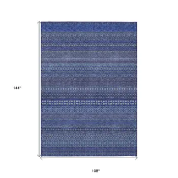 9' X 12' Navy Blue Striped Washable Non Skid Indoor Outdoor Area Rug